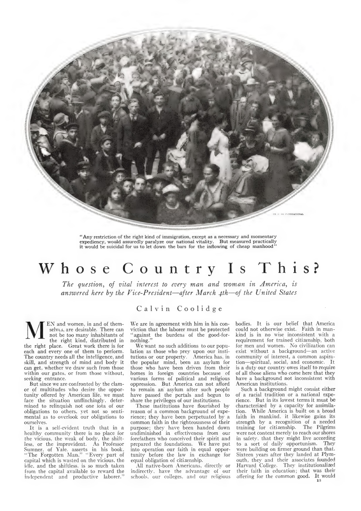 First page of Good Housekeeping article by Calvin Coolidge called "Whose Country Is This?"