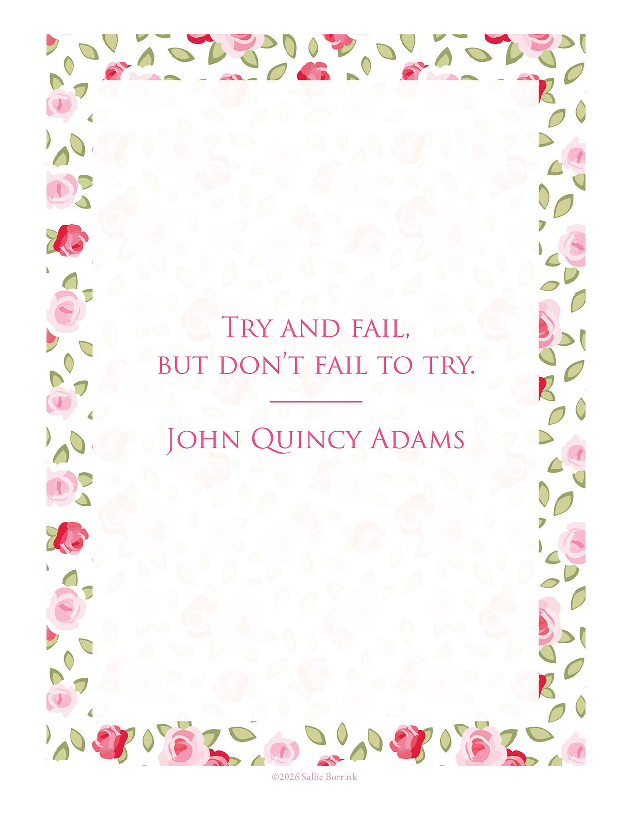 John Quincy Adams Try and Fail quote printable in Cottage Rose and Sage design