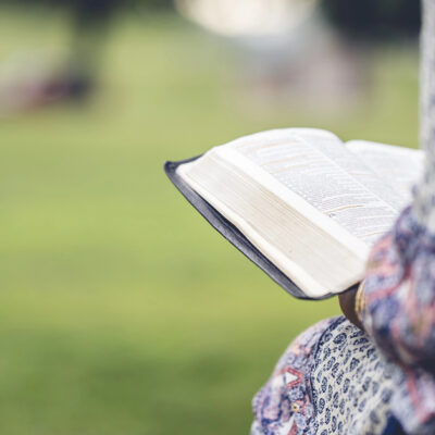 Woman reading a Bible in a park