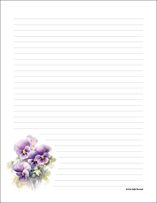 Light purple watercolor pansies on lined journal pages