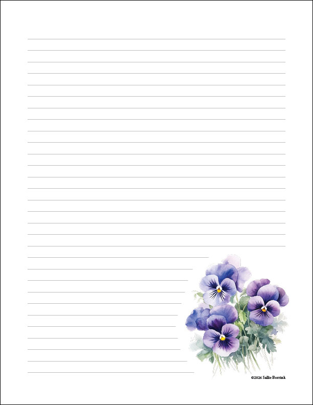Purple pansy cluster on lined journal paper