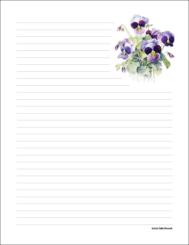 Watercolor purple johnny-jump ups on lined journal paper