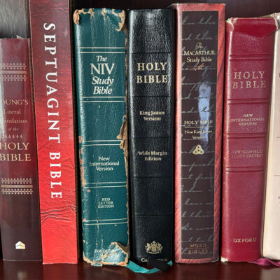 Shelf of Bibles including KJV, NIV, ESV, NASB, The Geneva Bible, Scofield Bible, and Study Bibles